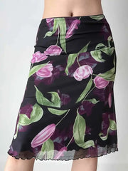 Floral print mesh midi skirt detail