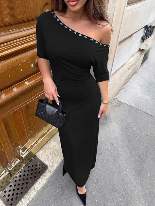 Diagonal collar ruched bodycon maxi dress with metallic stud detail in black