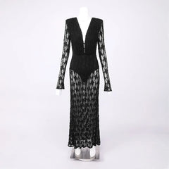 Black Sheer Lace Deep V-Neck Maxi Dress