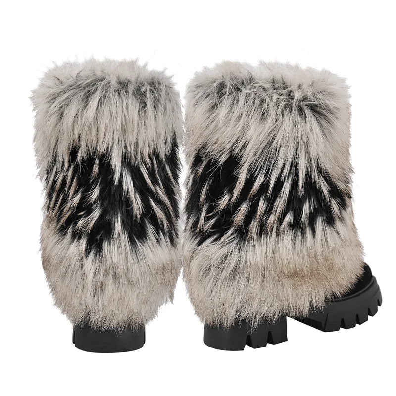 Back view of faux fur platform mid calf boots.