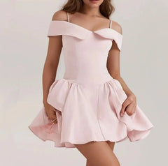 Pink Roll up Collar Open Shoulder Ruched Mini Dress For Women