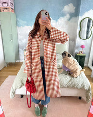 Red Gingham Lapel Long Trench Coat