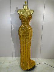 Gold strapless embellished sheath dress