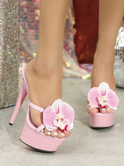 Pink Platform Flower Crystal Thin Heel Party Sandals.