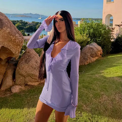 Ruffled Neck Long Sleeve Mini Dress