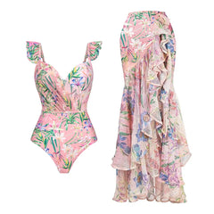 Ruffle Trim Floral Print Swimwear Set