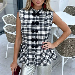 Check Peplum Knot Buttoned Top