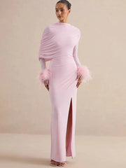 Draped Feather Cuff Maxi Dress
