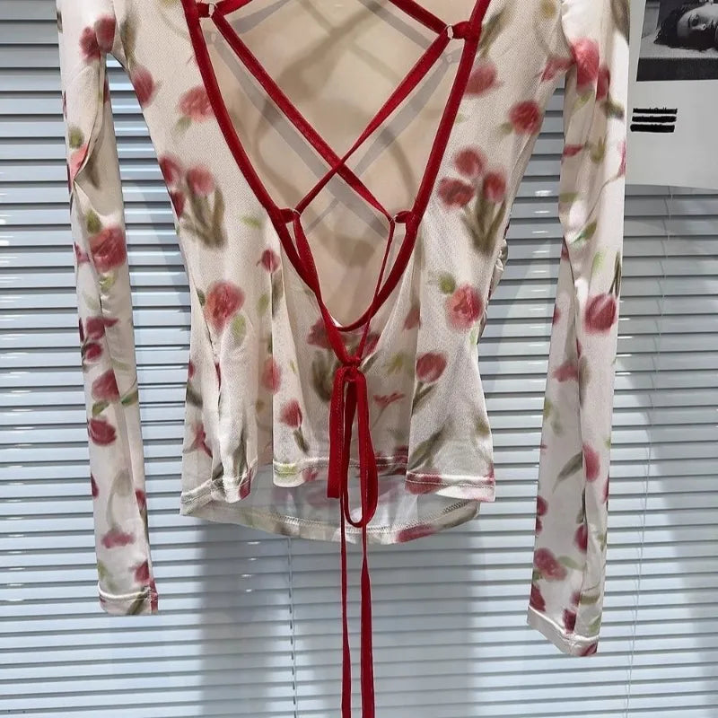Floral Mesh Tie Back Long Sleeve Top - Detail View 1