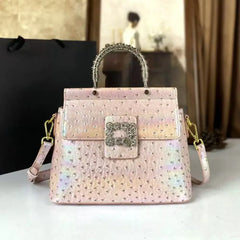 Embellished Ostrich Embossed Top Handle Bag