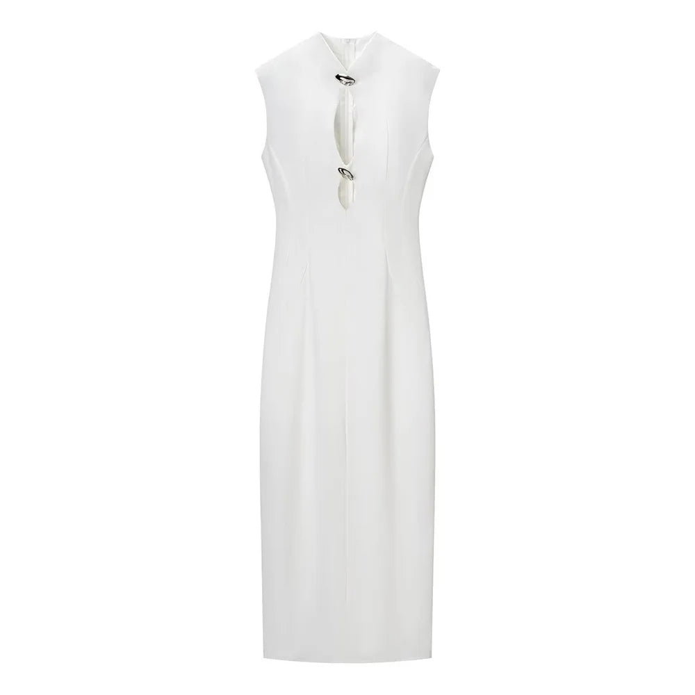 White sleeveless dress with a tie neckline on a white background
