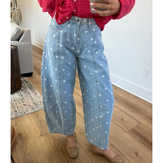 Light blue wide leg jeans with white polka dots