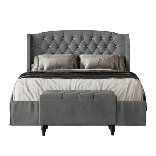 Velvet Wingback Panel Upholstered Queen Bed with Storage