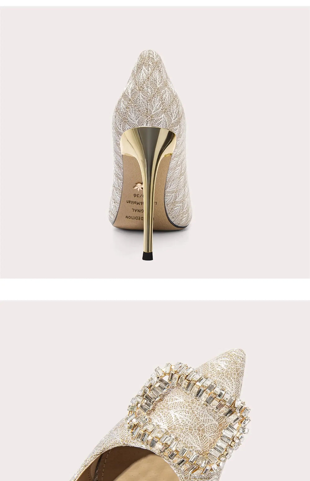 Elevated view of a gold high-heeled shoe with intricate detailing on a white background