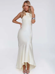 Satin Backless Asymmetrical Hem Maxi Dress