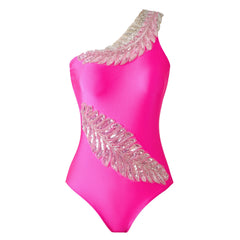 One-Shoulder Swimsuit with Feather Sequin Embellishment and Draped Maxi Skirt Set
