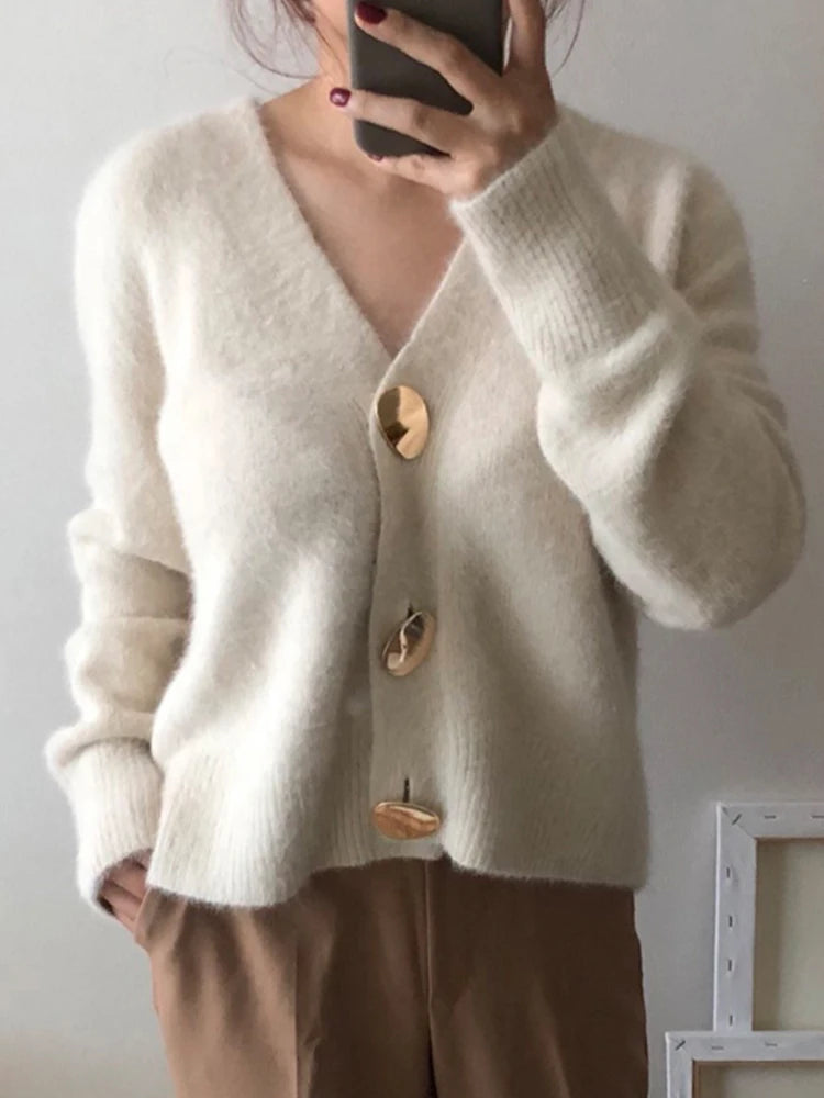 Golden Button Single Breasted Woolen Cardigans Sweater