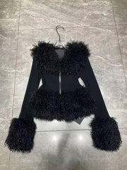 Faux Fur Trimmed Knit Zip Front Top