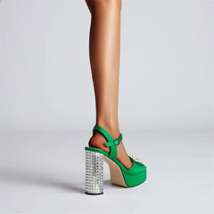 Satin Platform Crystal Embellishment Block Heels