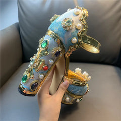 Gold Rhinestone Peep Toe Heels | Platform Leather Sandals for Women