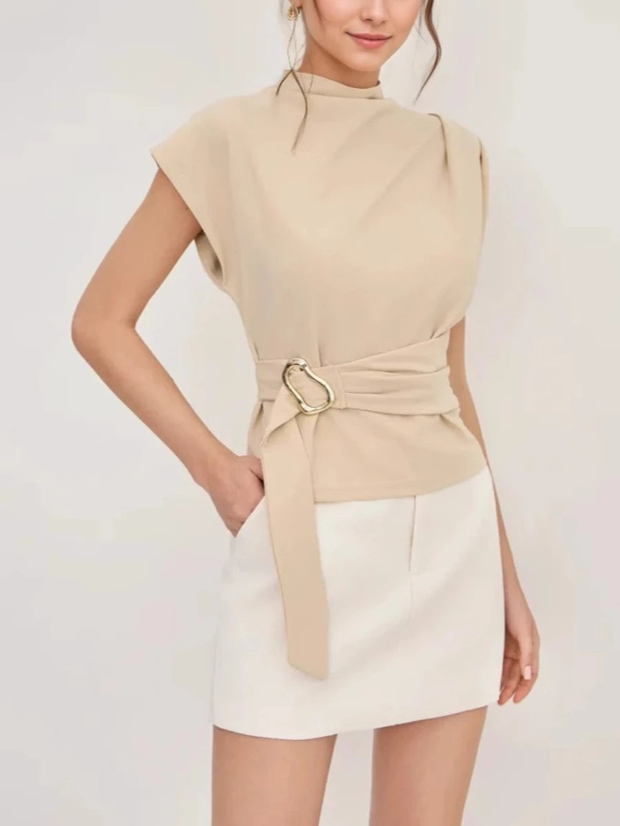 Sleeveless belted top with paneled shoulder detail