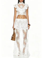 White floral lace high neck sleeveless crop top and sheer maxi skirt set