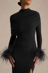 Draped Feather Cuff Maxi Dress