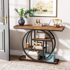 “41-inch sofa back table with industrial storage tiers and open frame”