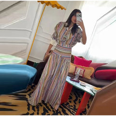 Multicolor Striped Button Shirt and Maxi Skirt Set