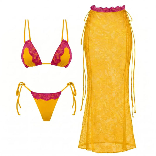 Yellow and pink lace two-piece swimwear set