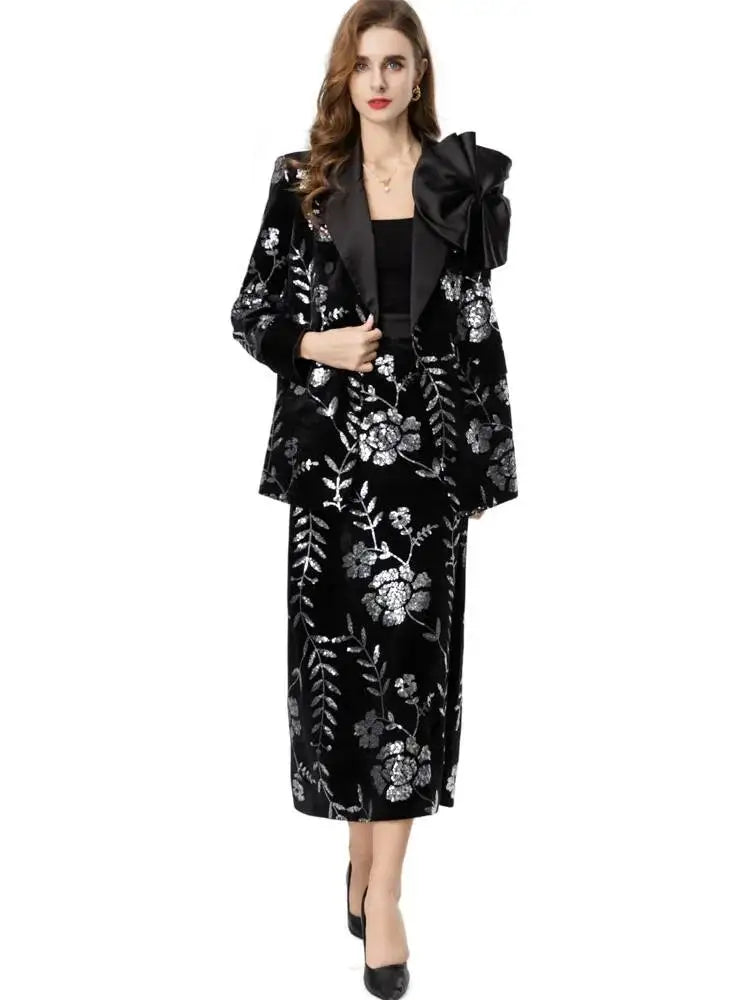 Black sequined floral blazer and split skirt suit