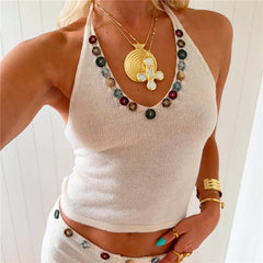 Close-up of beaded neckline on knit halter top