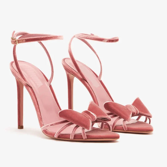 Pink velvet thin heel sandals with bow detail