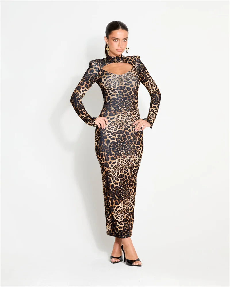 Leopard print high neck maxi dress with cutout