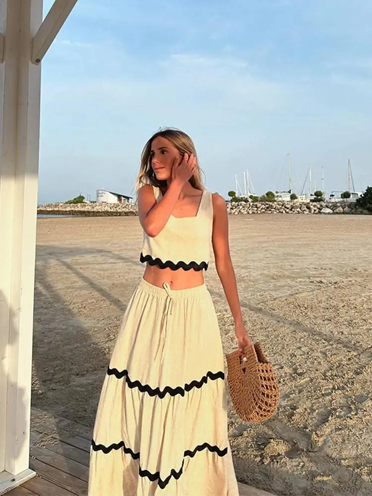 White Crop Top And Black Stripe Maxi Skirt Set Golden Atelier