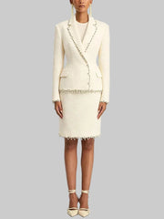 Beige beaded trim wool blazer and midi skirt set - front view