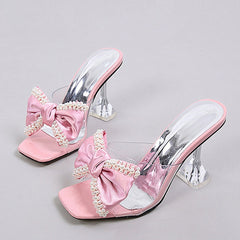  New Style Pink Women Slippers Sandals Fashion Pearl Bowknot High Heels PVC Transparent Shoes Summer Mule Slides Pumps. Golden Atelier 4