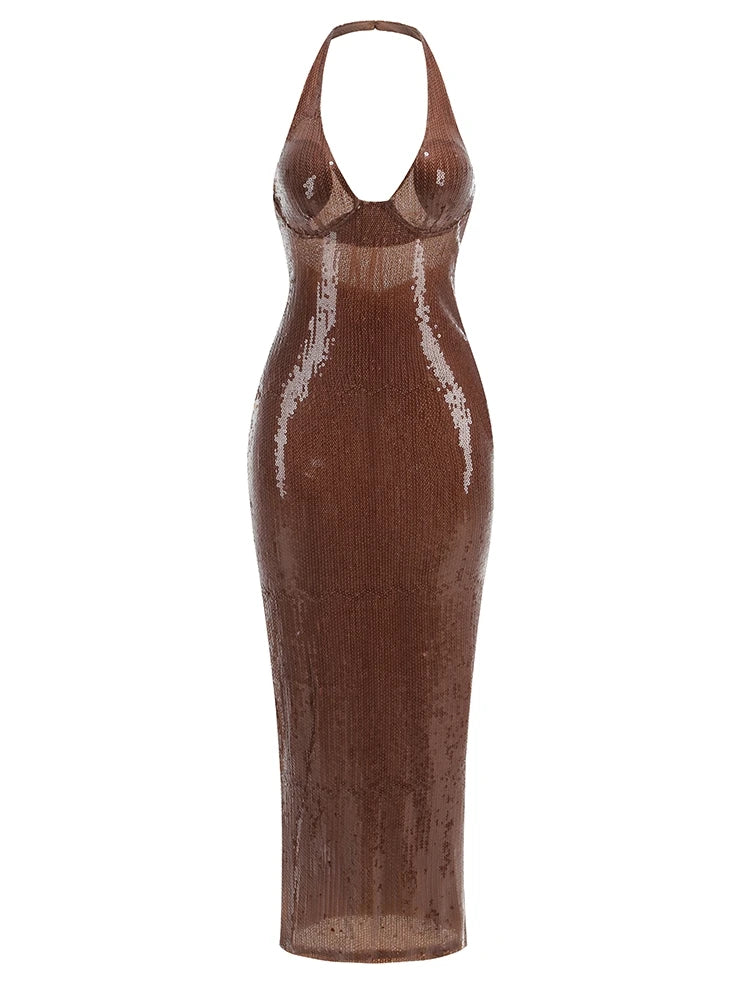 Brown halter sequin dress