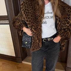 Leopard Print Faux Fur Shawl Collar Coat