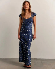 Satin Polka Dot Cap Sleeve Maxi Dress