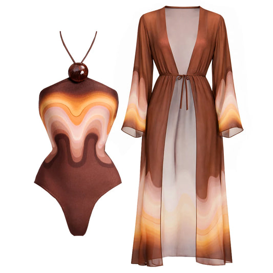 Halter neck one-piece swimsuit and matching long kimono cover-up with wavy gradient print, displayed side by side.