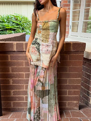 Floral print beaded strap top and maxi skirt set