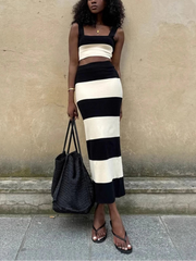 Striped Knitted Crop Top and Midi Skirt Suit