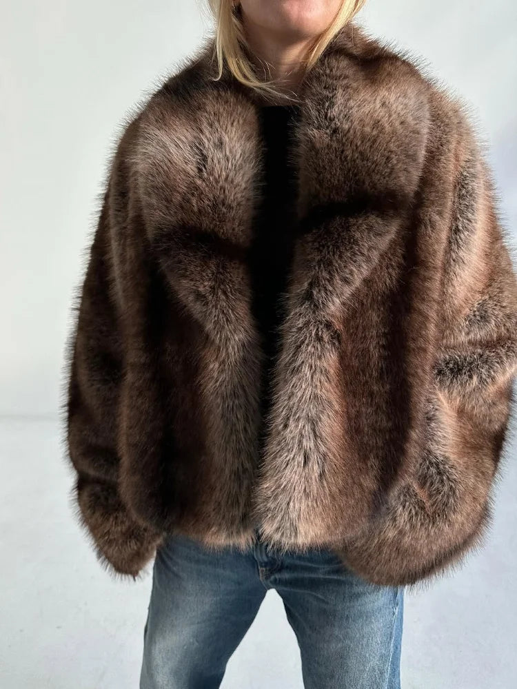 brown faux fur short jacket for women