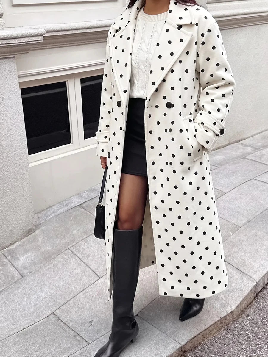 Polka dot lapel collar coat with long sleeves