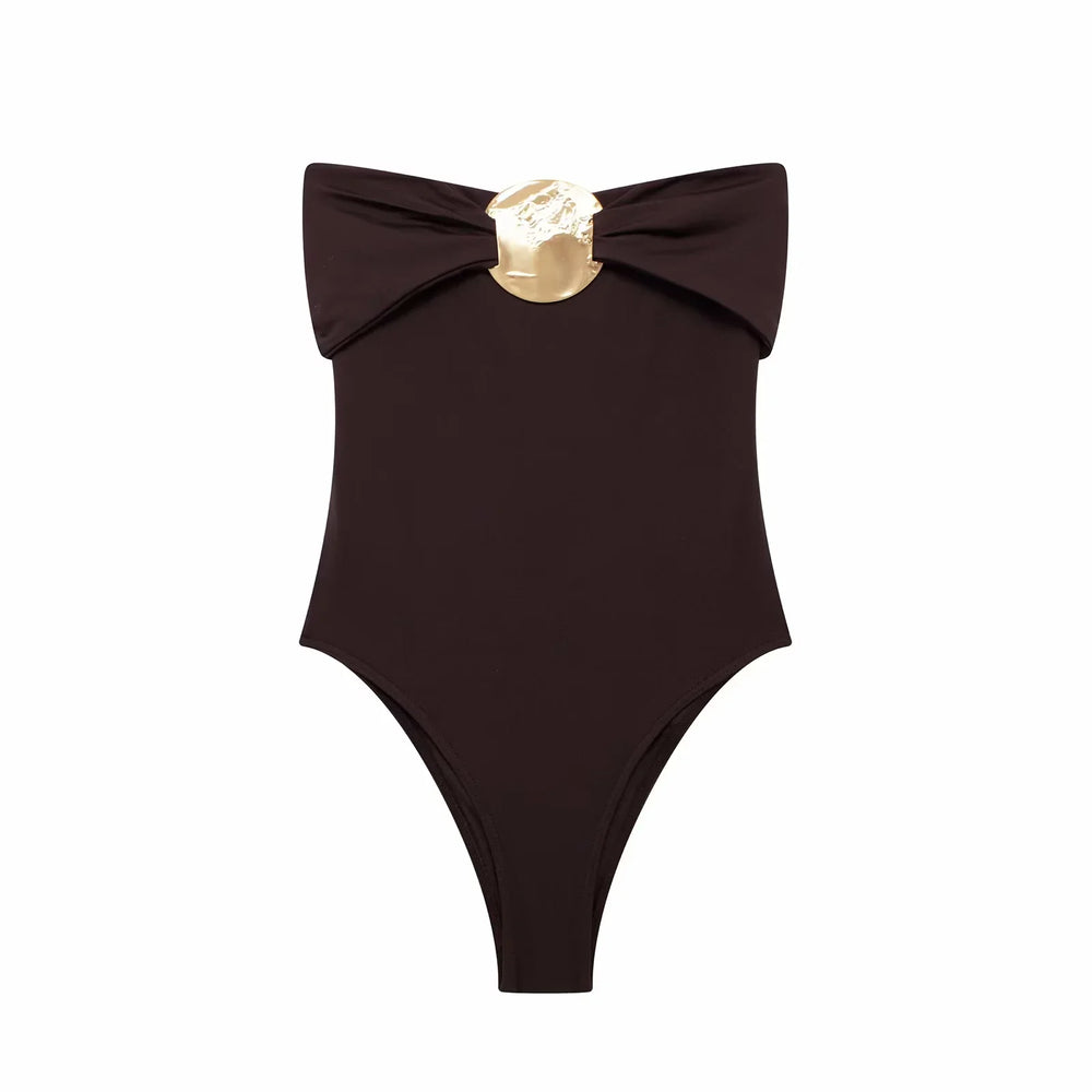 Brown swimsuit with a gold bow on a white background