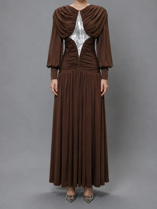 Brown Draped Sequin Maxi Dress with sequin detail.