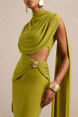 High Neck One Long Sleeve Draped Cutout Waist Maxi Dress