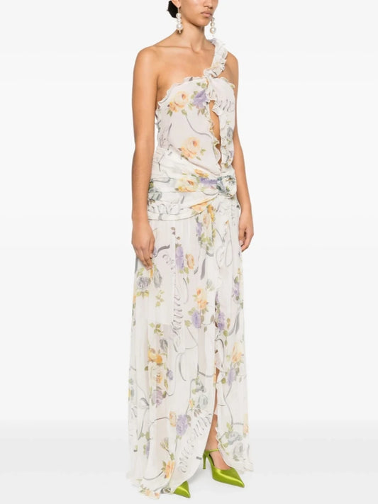 One-shoulder ruffled print asymmetrical neckline sleeveless ankle-length sheath dress detail