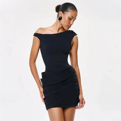 Black inclined shoulder ruched mini dress